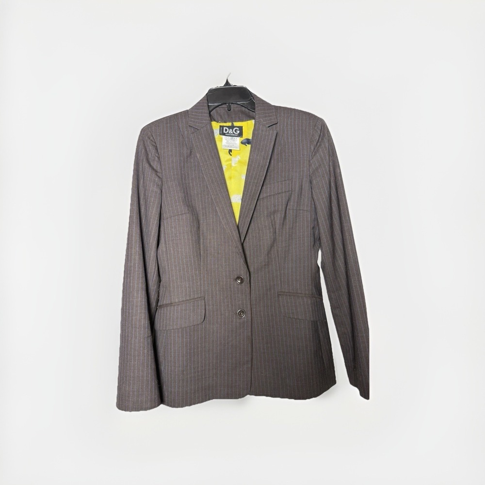 Vtg Dolce Gabbana Women's Pinstripe Wool Blazer Gray Cat Yellow Lining 30/44